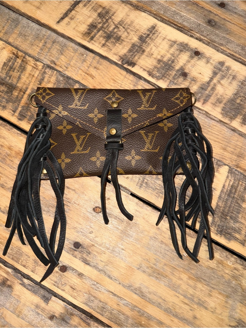 Brown Monogram Fringe Wristlet Clutch